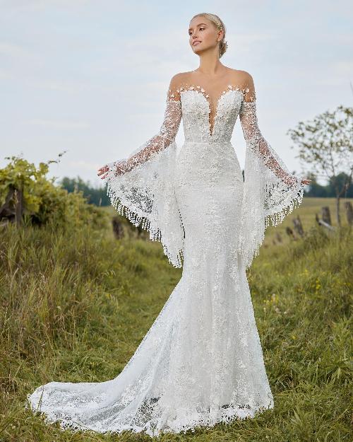 Lp2221 boho lace wedding dress with sleeves and fringe details1